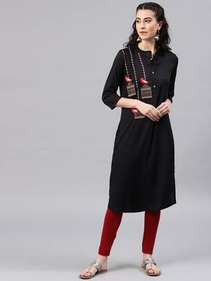 Black embroidered viscose rayon kurta 1