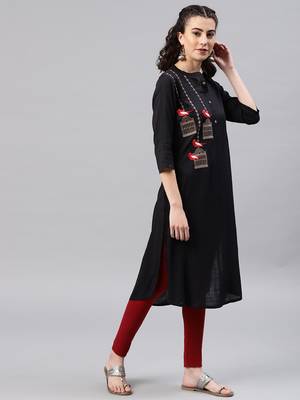 Black embroidered viscose rayon kurta 4