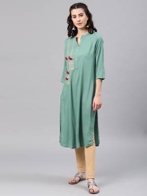 Green embroidered viscose rayon kurta 1