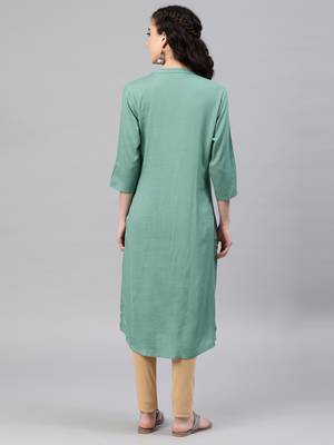 Green embroidered viscose rayon kurta 3