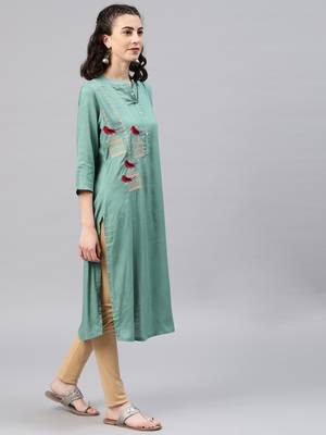 Green embroidered viscose rayon kurta 4