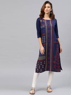 Navy-blue embroidered viscose rayon kurta 1
