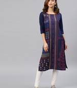 Navy-blue embroidered viscose rayon kurta