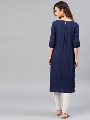 Navy-blue embroidered viscose rayon kurta 3