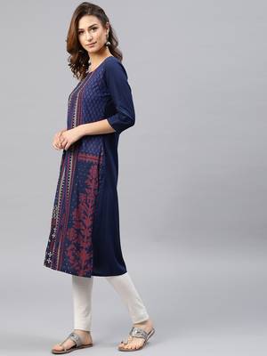 Navy-blue embroidered viscose rayon kurta 4