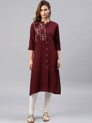 Maroon embroidered viscose rayon kurta 1