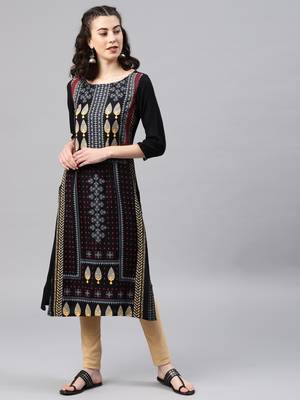Black embroidered viscose rayon kurta 1