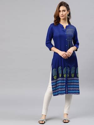 Royal-blue embroidered viscose rayon kurta 1