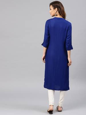 Royal-blue embroidered viscose rayon kurta 3