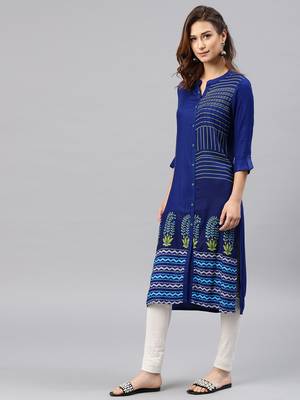 Royal-blue embroidered viscose rayon kurta 4