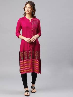 Pink embroidered viscose rayon kurta 1