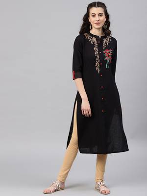 Black embroidered cotton kurta 1