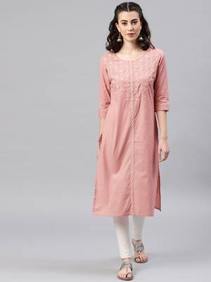 Peach printed cotton kurta 1