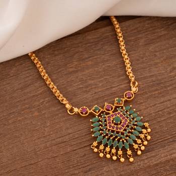 Golden box chain with green and pink pendant one gram gold 1