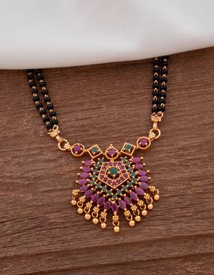 Black beads SHORT mangalsutra with ruby pendant one gram gold 1