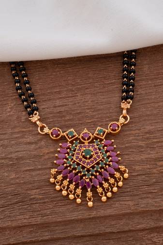Black beads SHORT mangalsutra with ruby pendant one gram gold