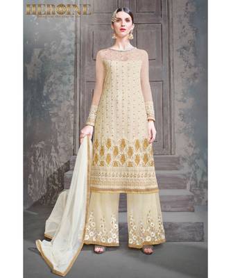 cream embroidered net unstitched salwar with dupatta 1
