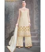 cream embroidered net unstitched salwar with dupatta