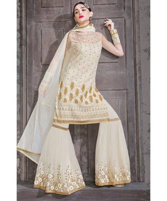 cream embroidered net unstitched salwar with dupatta 2