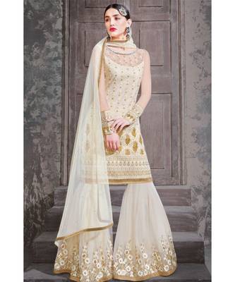 cream embroidered net unstitched salwar with dupatta 3