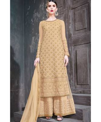 golden embroidered net unstitched salwar with dupatta 1