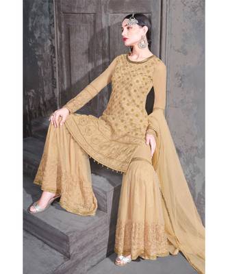 golden embroidered net unstitched salwar with dupatta 2