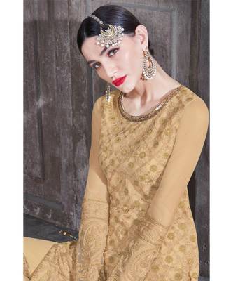golden embroidered net unstitched salwar with dupatta 3