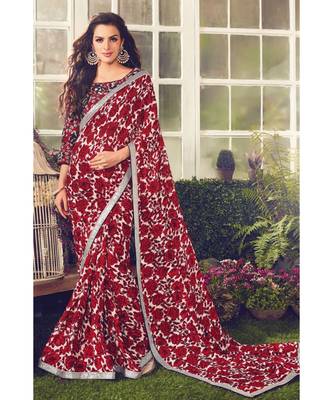 red embroidered crepe saree with blouse 1
