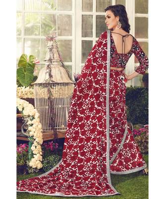 red embroidered crepe saree with blouse 2
