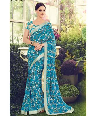 blue embroidered crepe saree with blouse 1