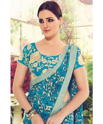 blue embroidered crepe saree with blouse 2