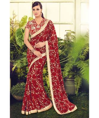 red embroidered crepe saree with blouse 1