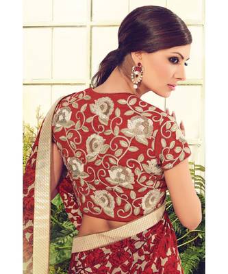 red embroidered crepe saree with blouse 2