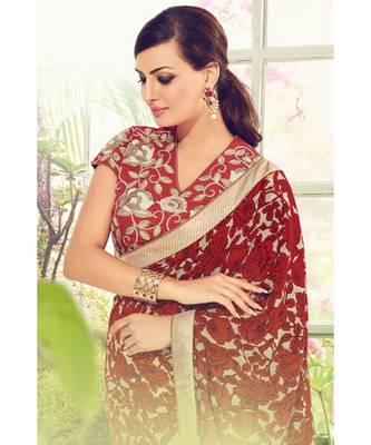 red embroidered crepe saree with blouse 3