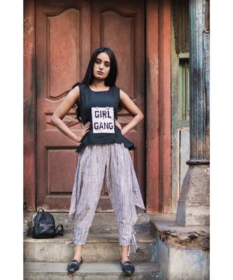 Black Boho Ankle  Length Khadi Linen Pants And Pached Top 1