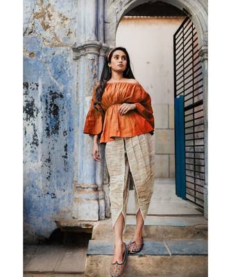 Fantasy  Slub Khadi  Rust-Mehendi Pants And  Top Combo 1