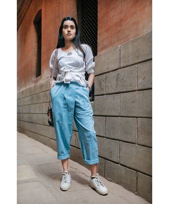 Fantasy Blue Denim Slub Khadi Pants And Waist Tieup Top 1