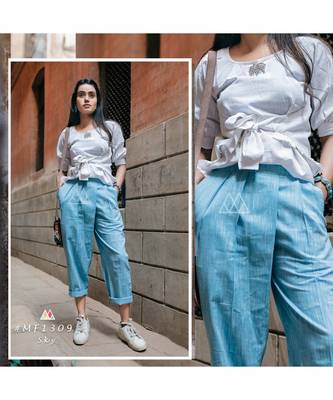 Fantasy Blue Denim Slub Khadi Pants And Waist Tieup Top 2
