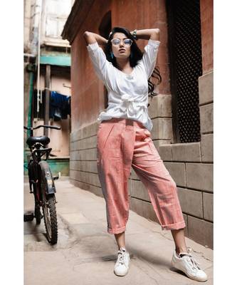 Fantasy  Peach Denim Slub Khadi Pants And Waist Tieup Top 1