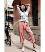 Fantasy  Peach Denim Slub Khadi Pants And Waist Tieup Top