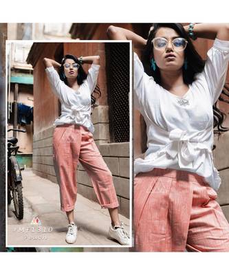 Fantasy  Peach Denim Slub Khadi Pants And Waist Tieup Top 2