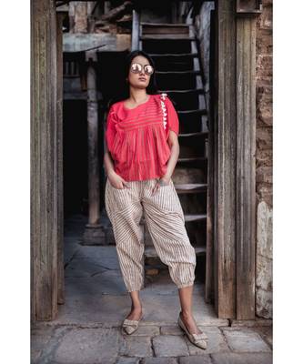 Fantasy  Batwing Red Khadi Top And Jawahar Stripie Pants Combo 1