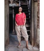 Fantasy  Batwing Red Khadi Top And Jawahar Stripie Pants Combo