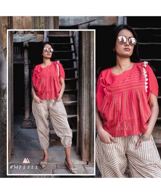 Fantasy  Batwing Red Khadi Top And Jawahar Stripie Pants Combo 2