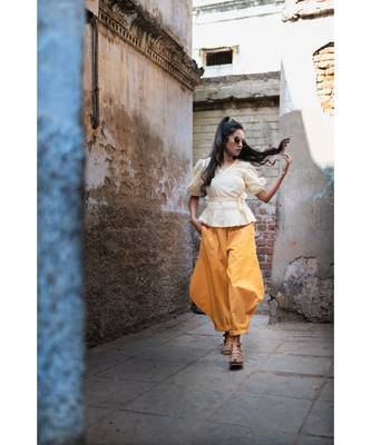 Mustard Baggy Ankle Pants And Shrug Top Combo 1
