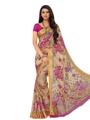 Beige Printed Chiffon Saree With Blouse 1