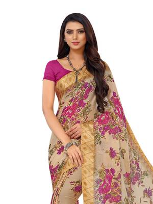 Beige Printed Chiffon Saree With Blouse 2