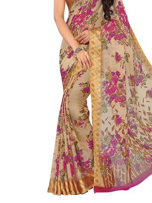 Beige Printed Chiffon Saree With Blouse 3