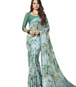 Turquoise printed chiffon saree with blouse
