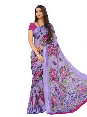 Purple Printed Chiffon Saree With Blouse 1